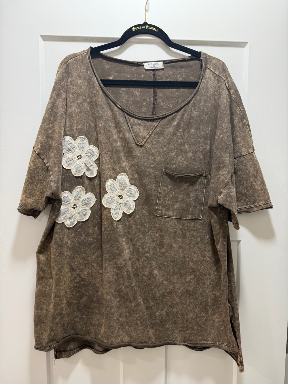 Zenana Outfitters Brown Mineral-Wash Short Sleeve Tee with White Lace Flowers
